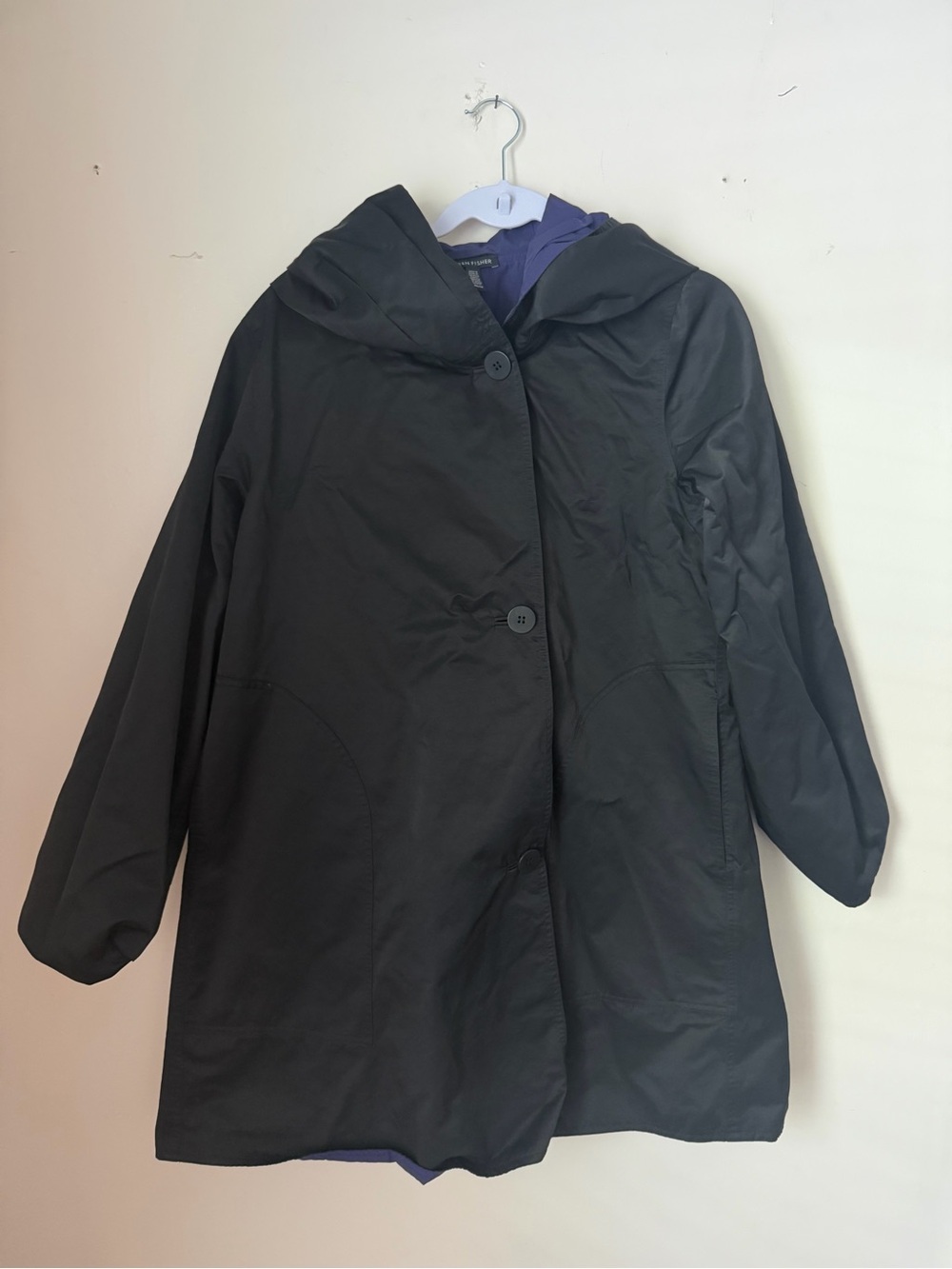 Eileen Fisher Black and Purple Hooded Reversible Trench Coat | XS